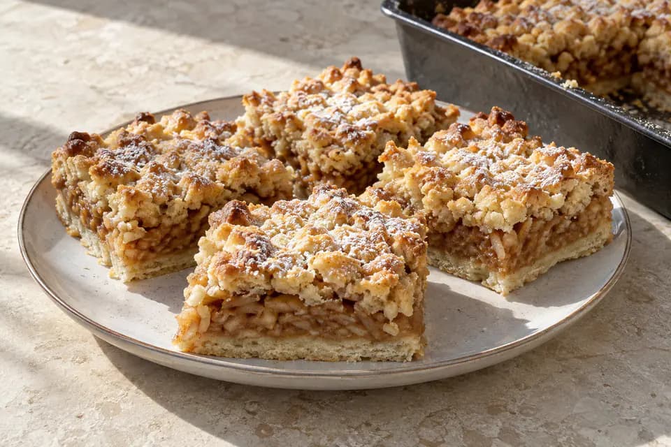 Kocke starinske prhke pite s nadjevom od jabuka i zlatnim ribanim tijestom